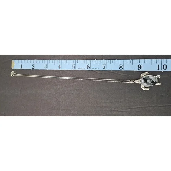 Vintage Turtle Pendant Necklace Snowflake Obsidian Stone Chain Sterling Silver - Picture 11 of 12